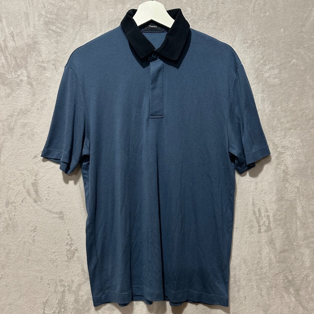 Theory Mens Medium Blue Short Sleeve Contrast Collar Polo Shirt